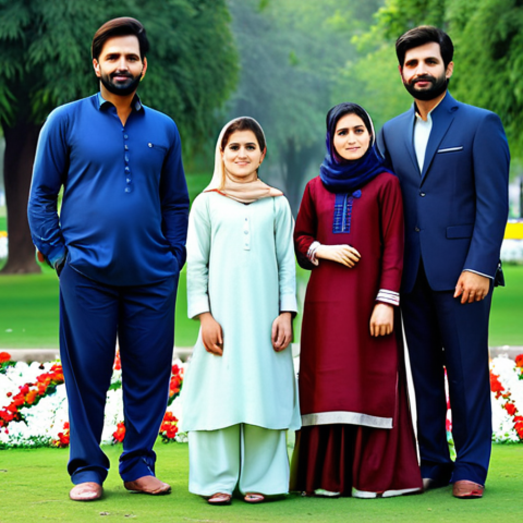 **
"A professional family enjoying time together in a park in Lahore, Pakistan. Everyone is fully clothed in modest Shalwar Kameez. Trees and colorful flowers in the background. Safe for work, appropriate content, perfect anatomy, correct proportions, natural pose, professional photography, high quality."
**